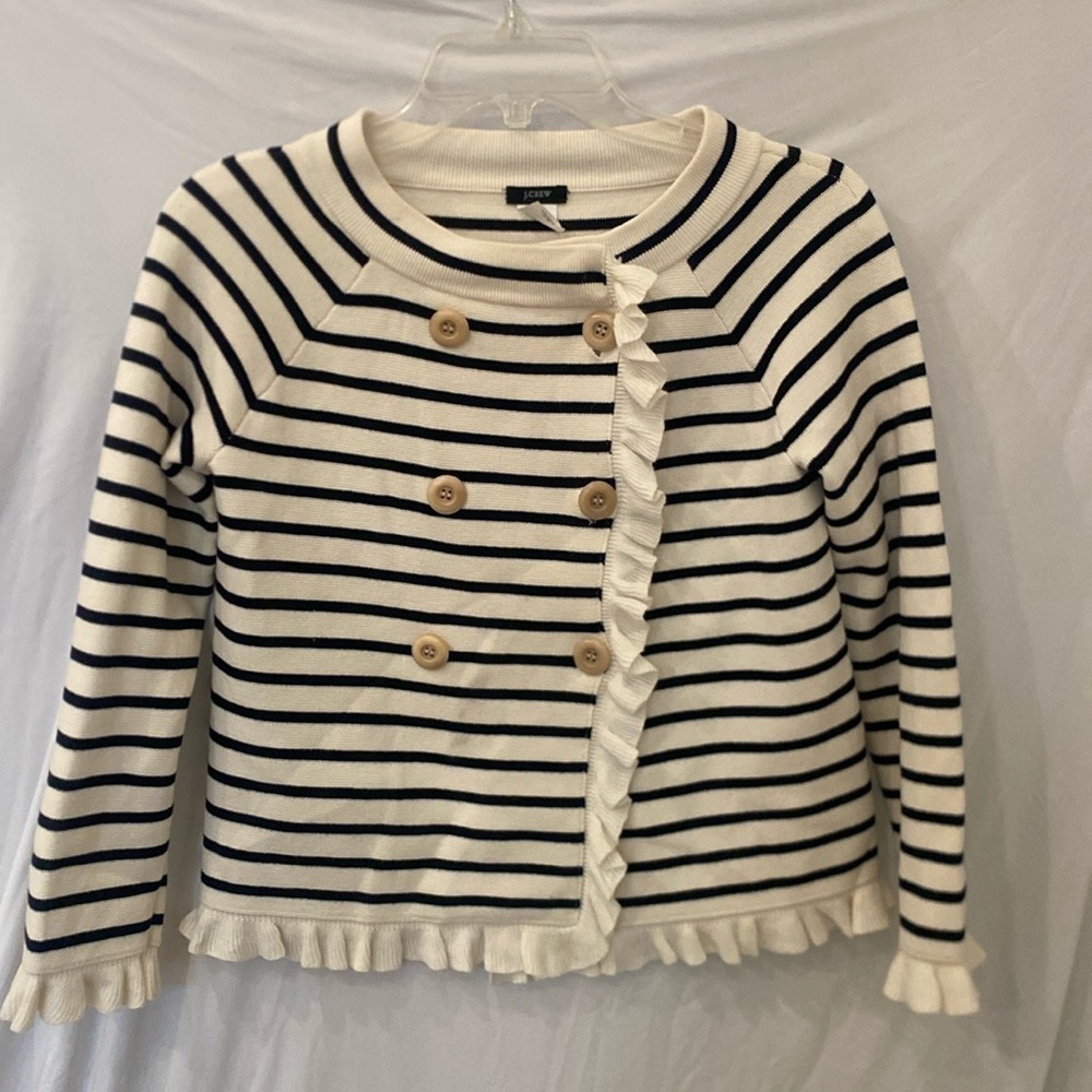 J. Crew Cream and Black Striped Ruffle Cardigan Jacket
